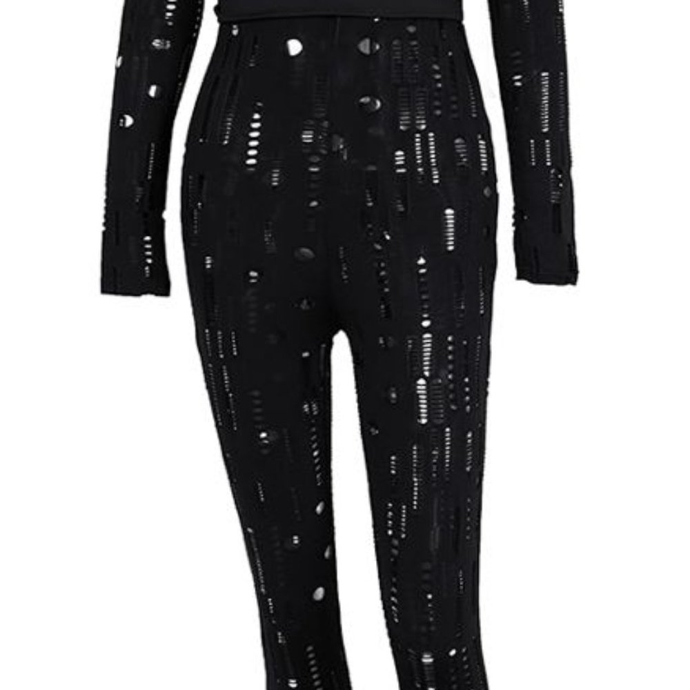 Hollow Out Deep V-Neck Skinny Jumpsuit
